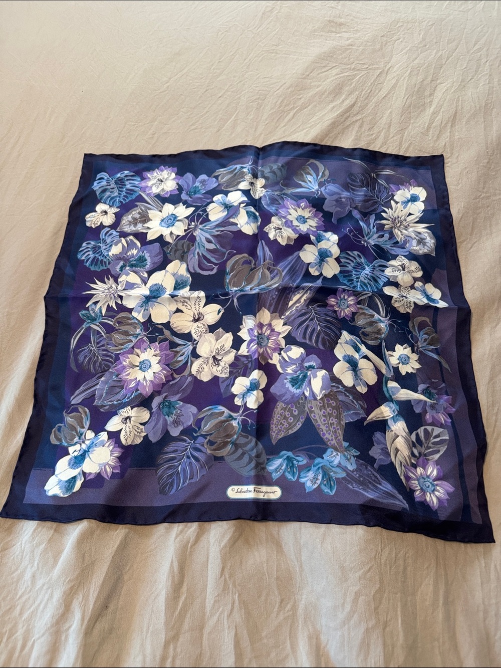 Salvatore Ferragamo Purple Floral Silk Scarf with Blue Accents